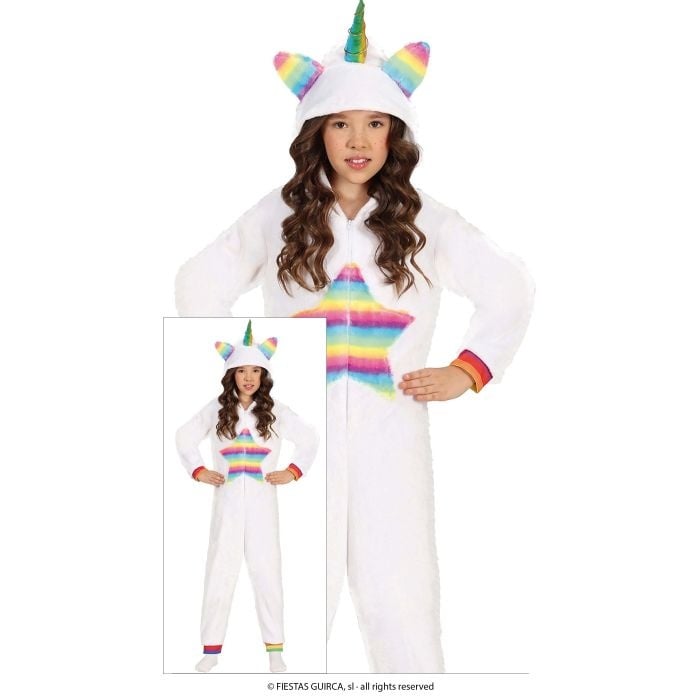 Guirca - Eenhoorn Kostuum - Rainbow Star Eenhoorn Kind Kostuum - Wit / Beige, Multicolor - 7 - 9 jaar - Carnavalskleding - Verkleedkleding
