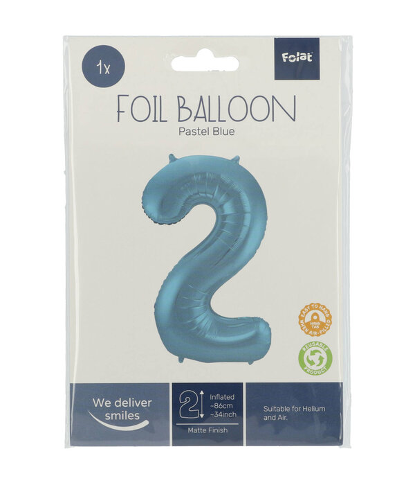 Folieballon Pastel Blauw Metallic Mat Cijfer 2 (86cm)