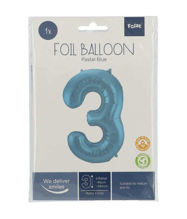 Folieballon Pastel Blauw Metallic Mat Cijfer 3 (86cm)