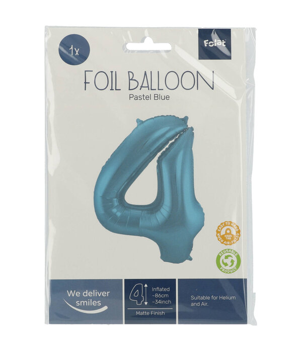 Folieballon Pastel Blauw Metallic Mat Cijfer 4 (86cm)