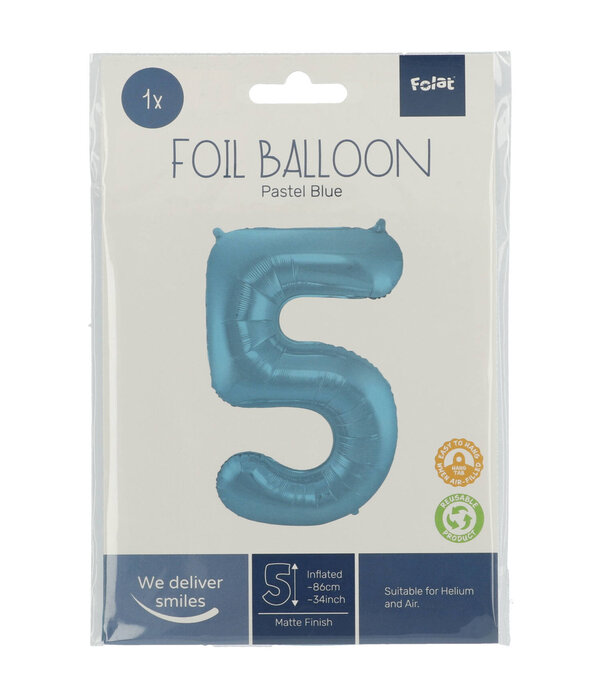 Folieballon Pastel Blauw Metallic Mat Cijfer 5 (86cm)