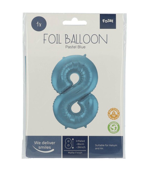 Folieballon Pastel Blauw Metallic Mat Cijfer 8 (86cm)