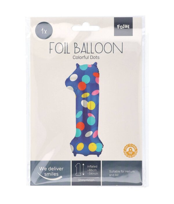 Folieballon '1' Kleurrijke Stippen