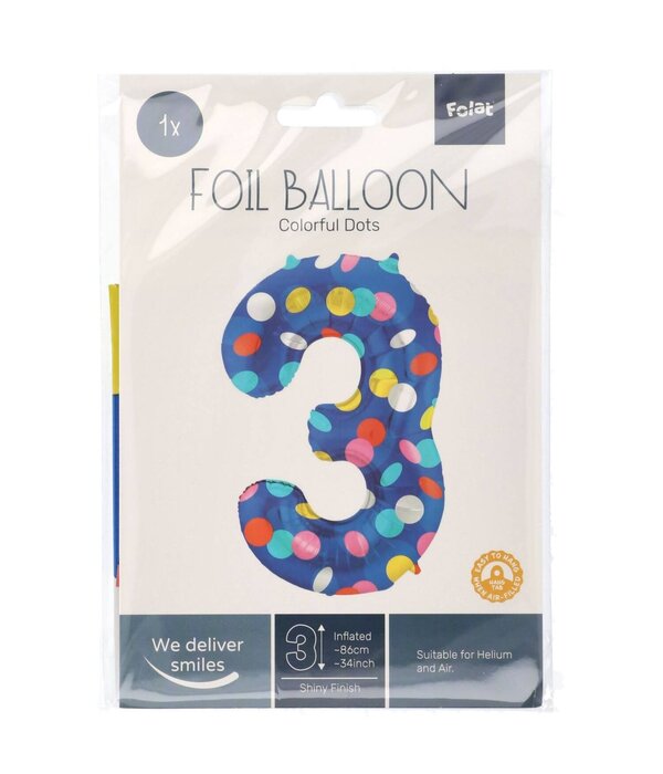 Folieballon '3' Kleurrijke Stippen