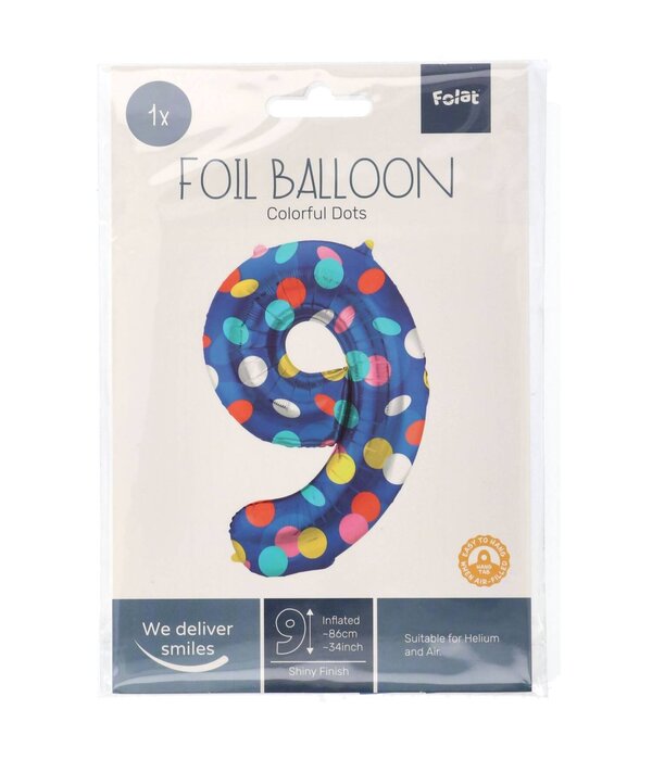 Folieballon '9' Kleurrijke Stippen