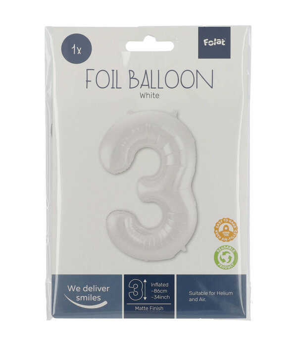 Folieballon Wit Metallic Mat Cijfer 3 (86cm)