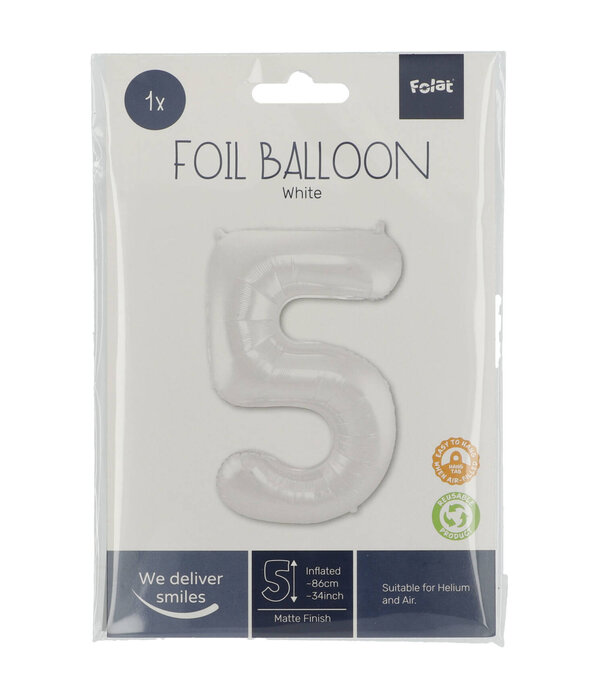 Folieballon Wit Metallic Mat Cijfer 5 (86cm)