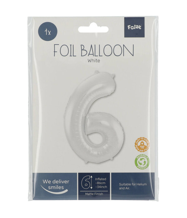 Folieballon Wit Metallic Mat Cijfer 6 (86cm)