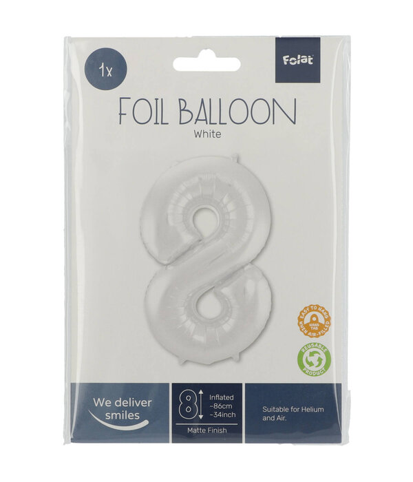 Folieballon Wit Metallic Mat Cijfer 8 (86cm)