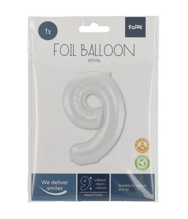 Folieballon Wit Metallic Mat Cijfer 9 (86cm)