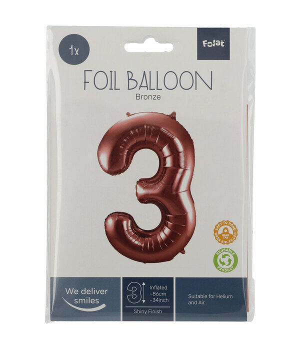 Folieballon Brons Cijfer 3 - 86 cm