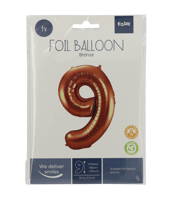 Folieballon Brons Cijfer 9 - 86 cm