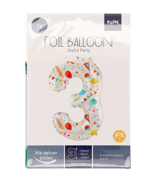 Folieballon Cijfer 3 Joyful Party - 86 cm