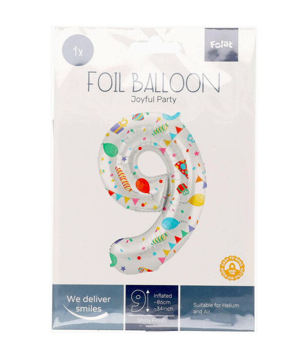 Folieballon Cijfer 9 Joyful Party - 86 cm