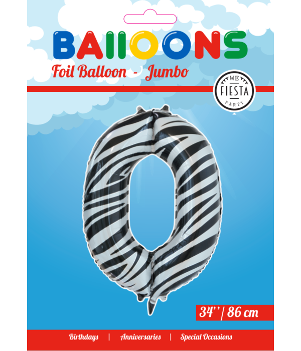 Folieballon Cijfer 0 Zebra (86cm)