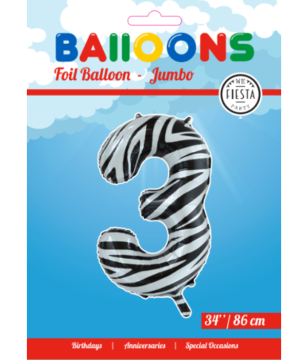 Folieballon Cijfer 3 Zebra (86cm)
