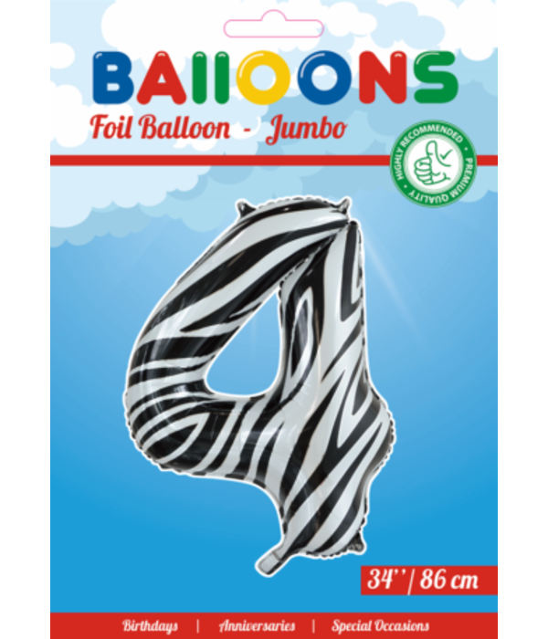 Folieballon Cijfer 4 Zebra (86cm)