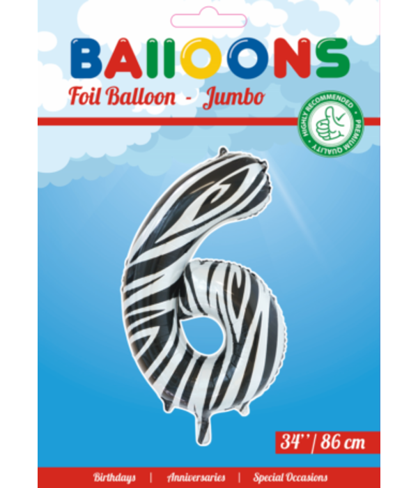 Folieballon Cijfer 6 Zebra (86cm)