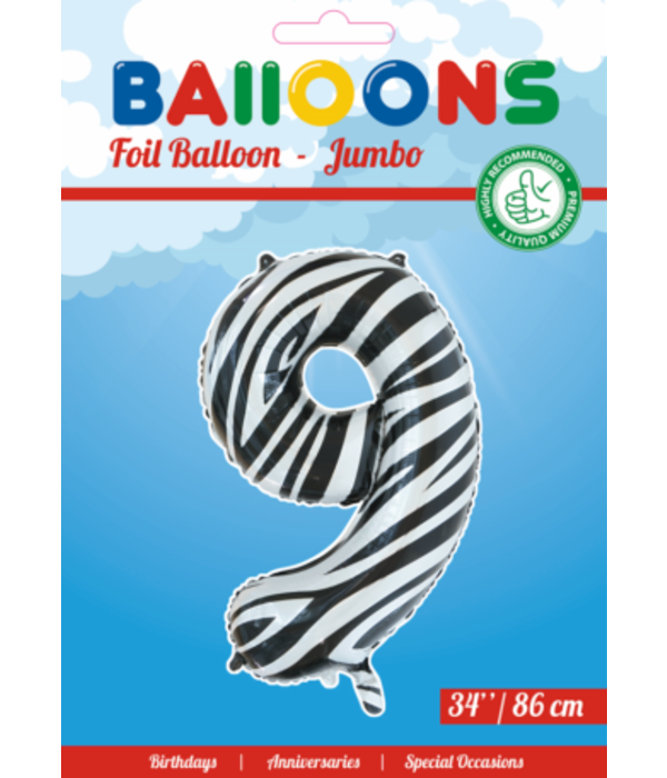 Folieballon Cijfer 9 Zebra (86cm)