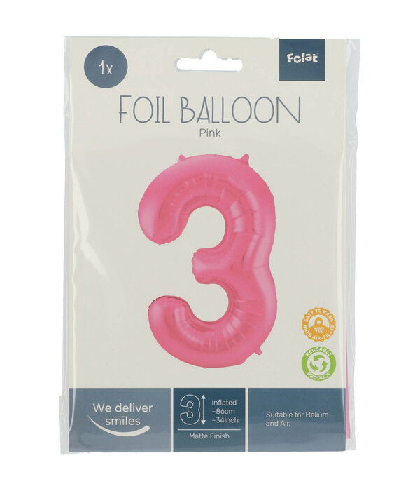 Folieballon Cijfer 3 Metallic Mat Roze (86cm)