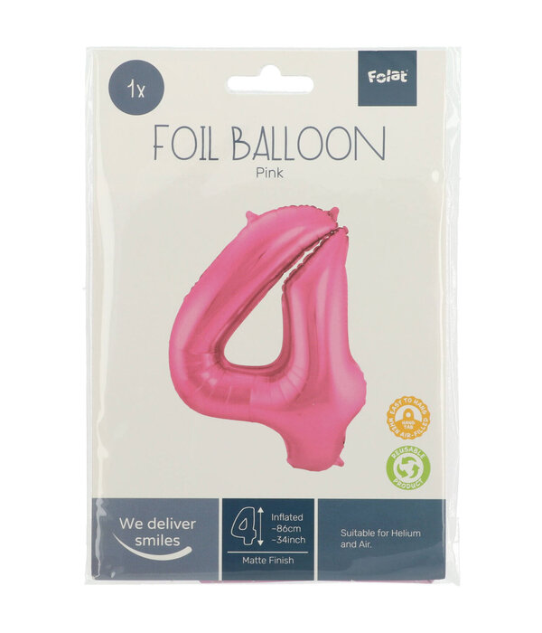 Folieballon Cijfer 4 Metallic Mat Roze (86cm)