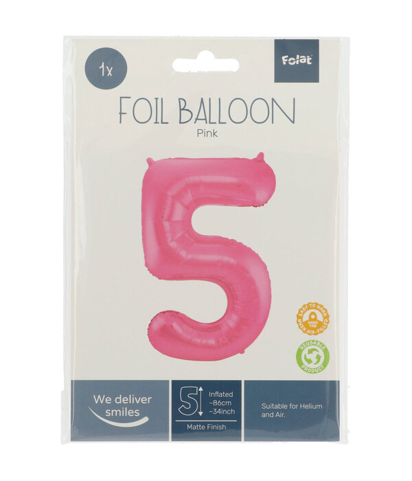 Folieballon Cijfer 5 Metallic Mat Roze (86cm)