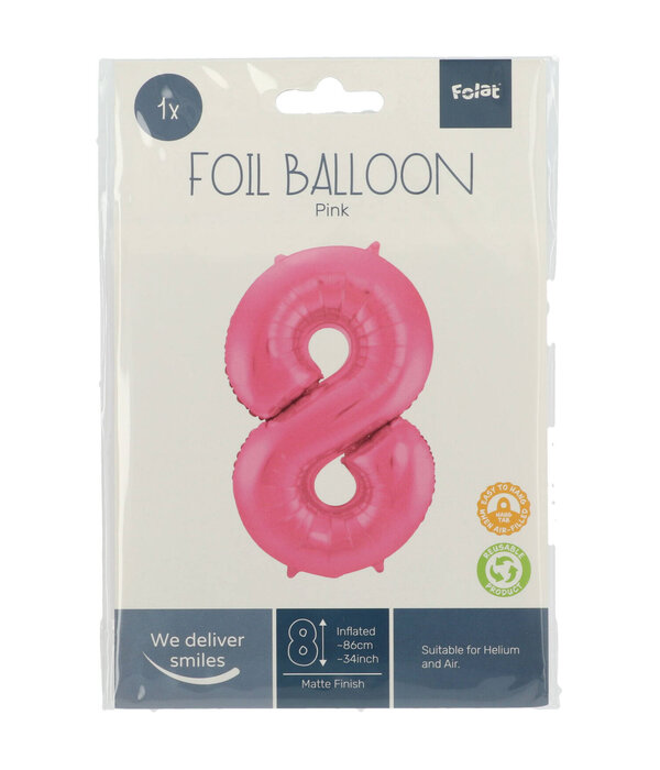 Folieballon Cijfer 8 Metallic Mat Roze (86cm)