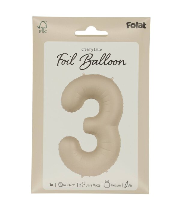 3 jaar folieballon Creamy Latte Mat Nude (86cm)