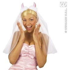 Bruidssluier met roze duivelhoorntjes