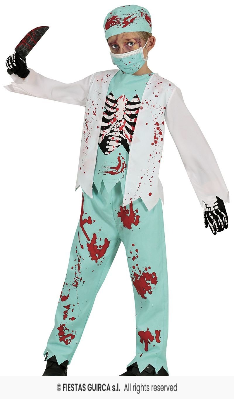 Guirca - Dokter & Tandarts Kostuum - Dol Op Bloed Zombie Chirurg Kind Kostuum - Blauw, Wit / Beige - 5 - 6 jaar - Halloween - Verkleedkleding