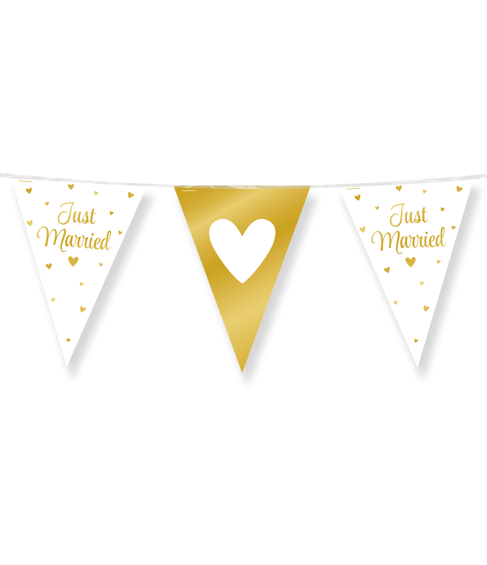 Party Flags foil - Just married - vlaggenlijn 10 meter - trouwen - hangende decoratie - goud/wit