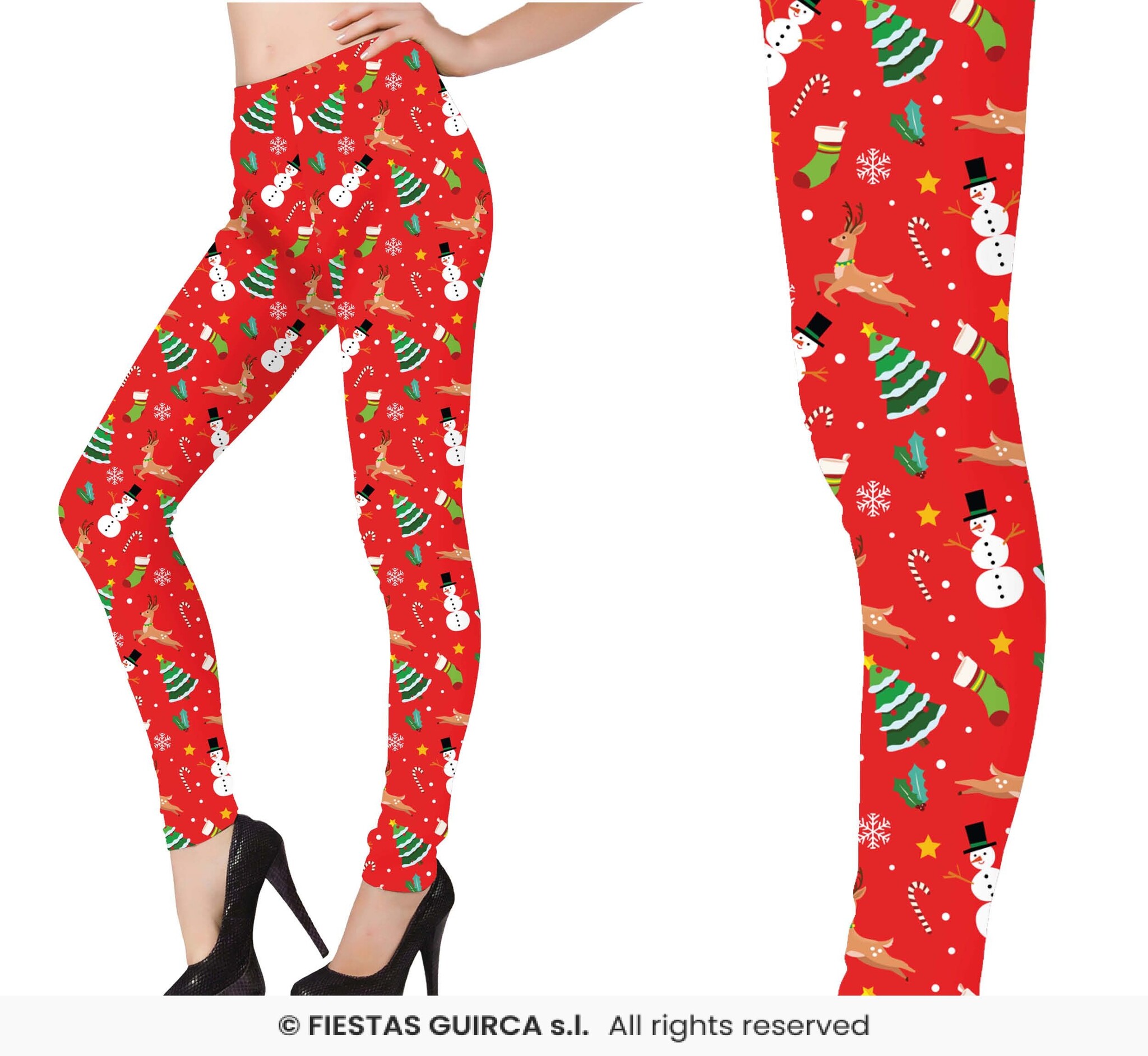 Guirma - Kerst & Oud & Nieuw Kostuum - Legging Kerst Rood Met Print Vrouw - Rood - Maat 42-44 - Kerst - Verkleedkleding