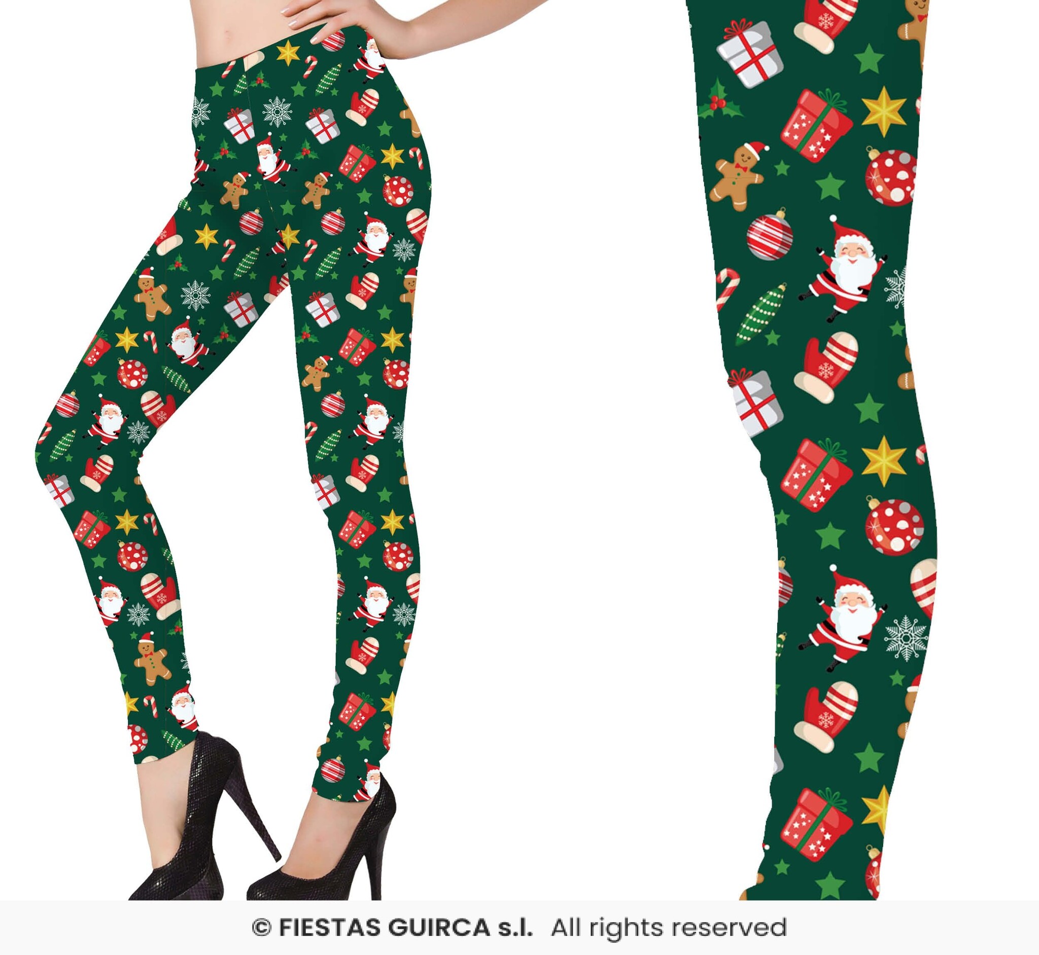 Guirma - Kerst & Oud & Nieuw Kostuum - Legging Groen Met Print Vrouw - Groen - Maat 42-44 - Kerst - Verkleedkleding