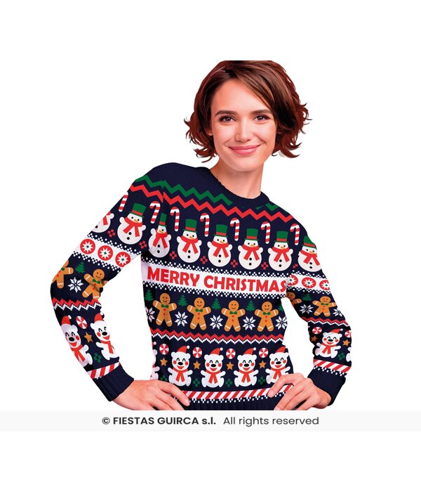 Foute Kerst Sweater Merry Christmas Sneeuwpop Blauw Dames