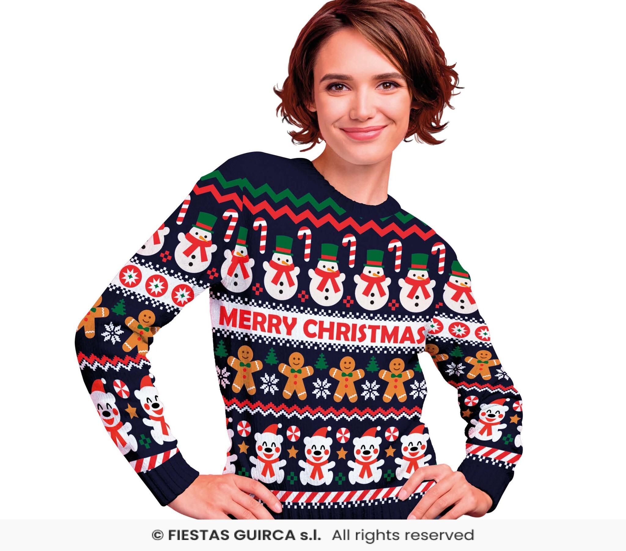 Fiestas Guirca - Dames kersttrui snowman - maat S - blauw - 1 stuks