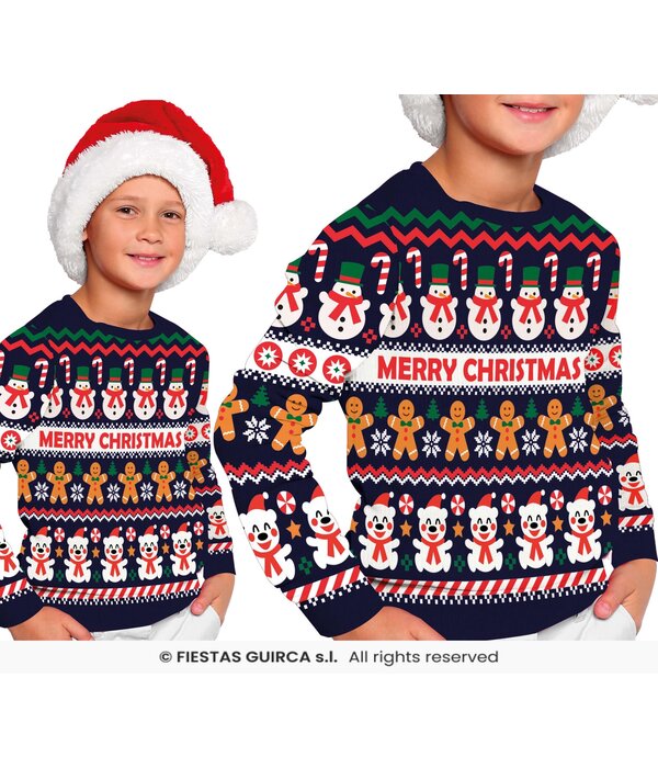 Kerst Sweater Kind Merry Christmas Sneeuwpop Blauw