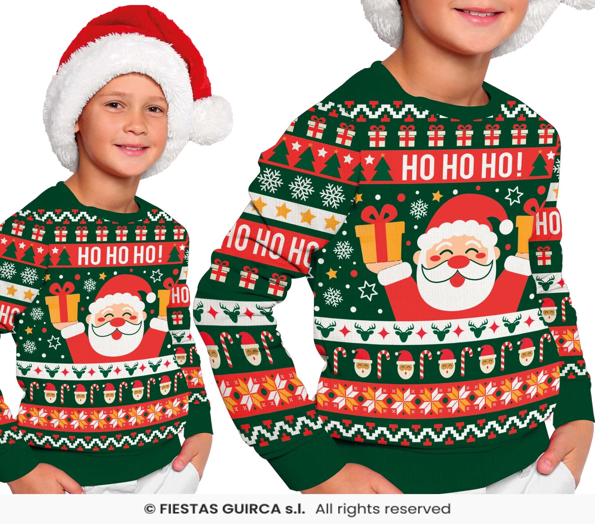 Fiestas Guirca - Kinder kersttrui hohoho - 7-9 jaar - groen - 1 stuks
