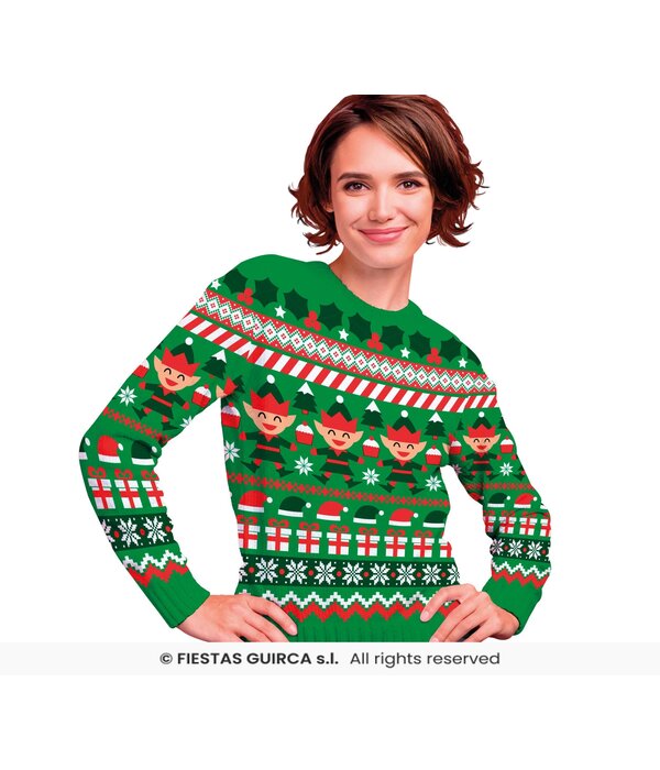 Foute Kerst Sweater Elfjes Cartoon Groen Dames