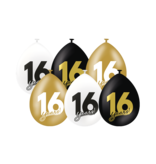 Ballonnen Celebration 16 Jaar Wit/Goud/Zwart (6st)