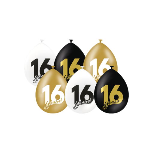 Ballonnen Celebration 16 Jaar Wit/Goud/Zwart (6st)