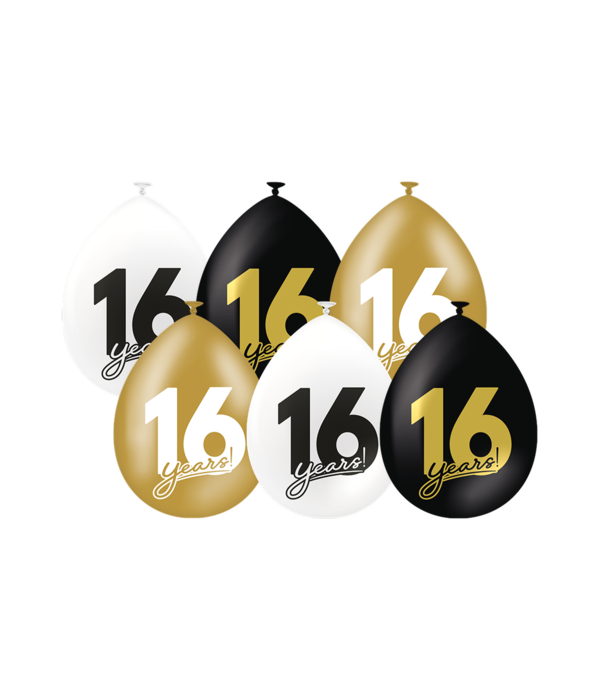 Ballonnen Celebration 16 Jaar Wit/Goud/Zwart (6st)