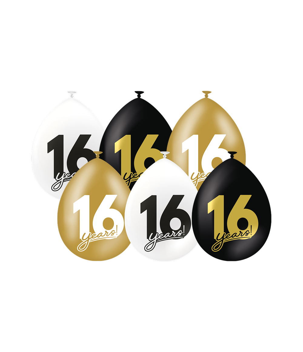 Ballonnen Celebration 16 Jaar Wit/Goud/Zwart (6st) afbeelding