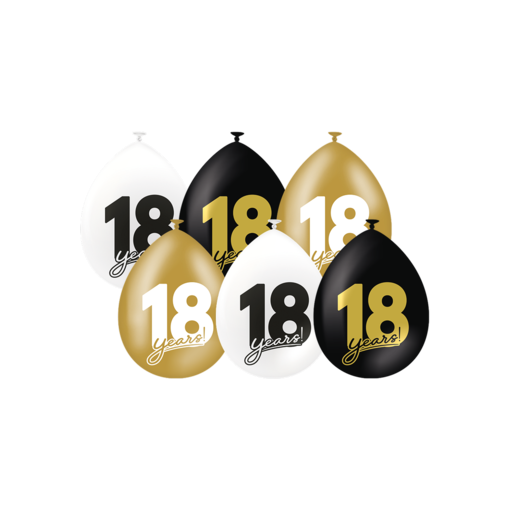 Ballonnen Celebration 18 Jaar Wit/Goud/Zwart (6st)