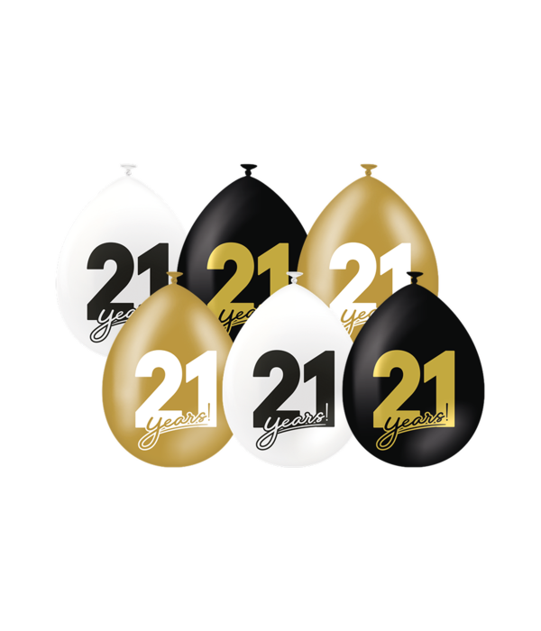 Ballonnen Celebration 21 Jaar Wit/Goud/Zwart (6st)