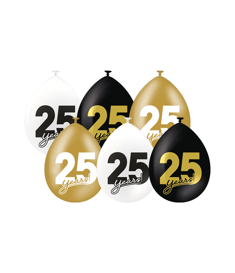 Ballonnen Celebration 25 Jaar Wit/Goud/Zwart (6st)