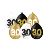 Ballonnen Celebration 30 Jaar Wit/Goud/Zwart (6st)