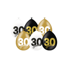Ballonnen Celebration 30 Jaar Wit/Goud/Zwart (6st)