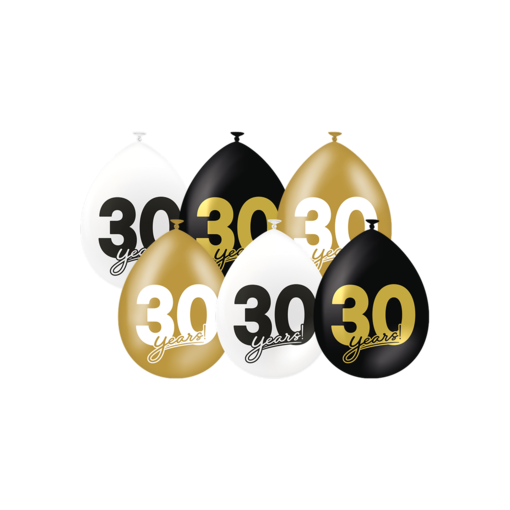Ballonnen Celebration 30 Jaar Wit/Goud/Zwart (6st)