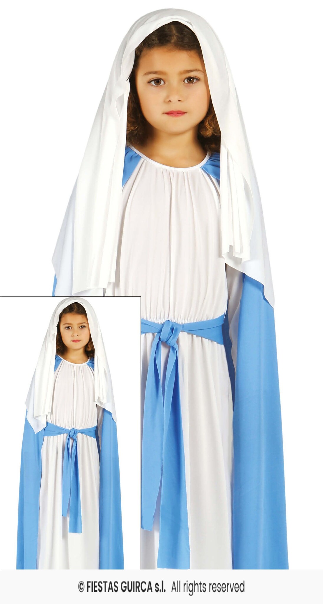 Guirma - Maria Kostuum - Heilige Maagd Maria - Meisje - blauw,wit / beige - 3 - 4 jaar - Kerst - Verkleedkleding