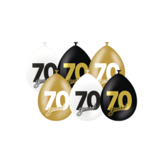Ballonnen Celebration 70 Jaar Wit/Goud/Zwart (6st)